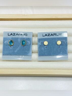 Vintage Lazarus Earrings Set 2 Pairs Teal Blue Oval Cream Enamel Gold Studs NOS